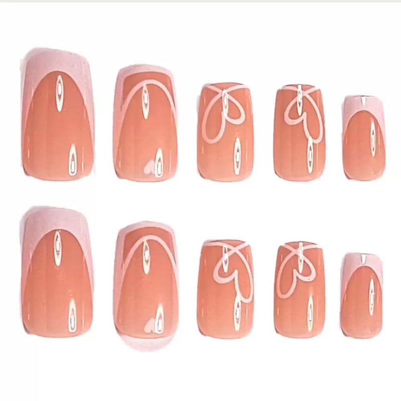CTTHNBD Square Press on Nails Medium - White French Tip with Heart Stripes Design - Glossy Full Cover Stick on False Nails - for Women 24 Pcs - Image 4